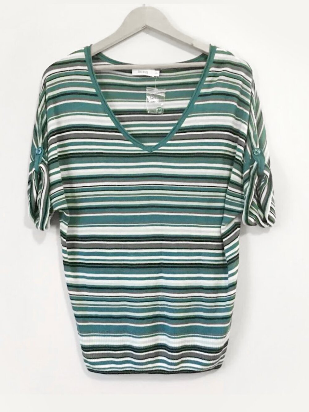 NWT Ricki's Retro Striped V-Neck Rolled Cuff Rayon Sweater